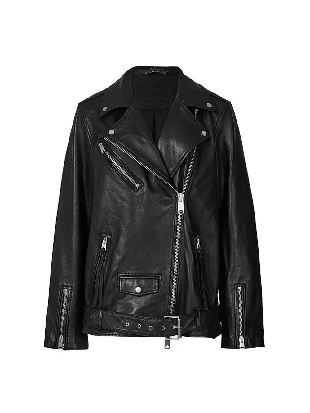NWD, AllSaints Billie Leather Oversized Biker Jacket in Black Sz L #SJ2645